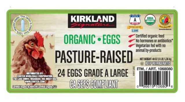 Kirkland Signature Organic Pasture Raised 24-Count Eggs label