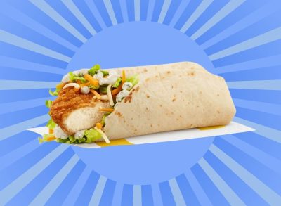 McDonald's Canada Ranch Chicken Snack Wrap on colorful blue background