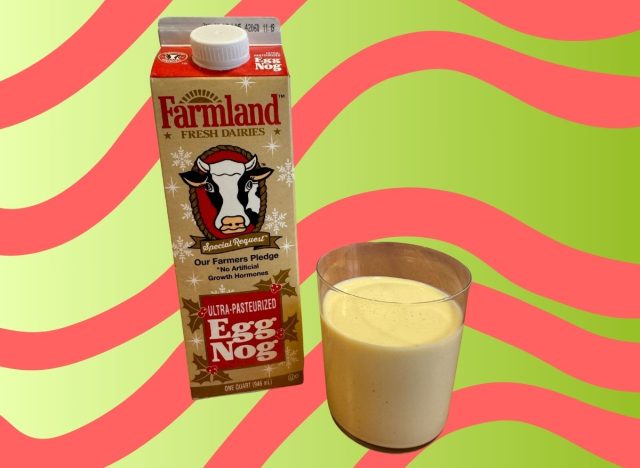 A carton of Farmland eggnog beside a glass of the beverage set against a festive background.