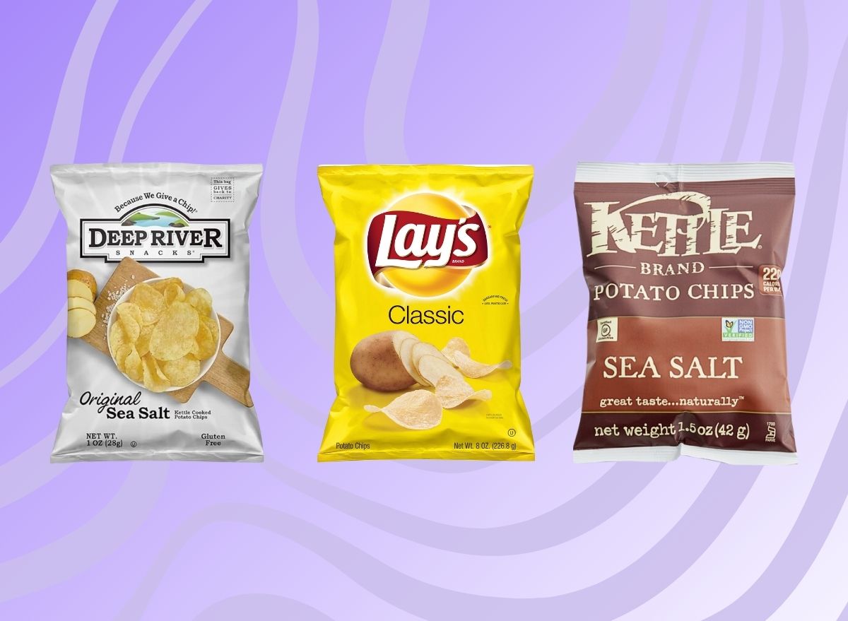 Three bags of different varieties of plain potato chips on a graphic background