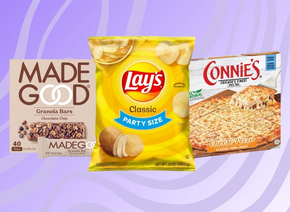 MadeGood Chocolate Chip Granola Bars, Lay's Potato Chips, Connie's Thin Crust Cheese Pizza on colorful purple background