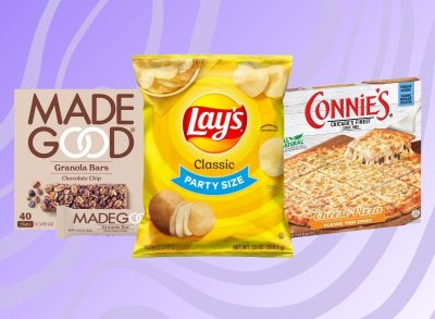 MadeGood Chocolate Chip Granola Bars, Lay's Potato Chips, Connie's Thin Crust Cheese Pizza on colorful purple background