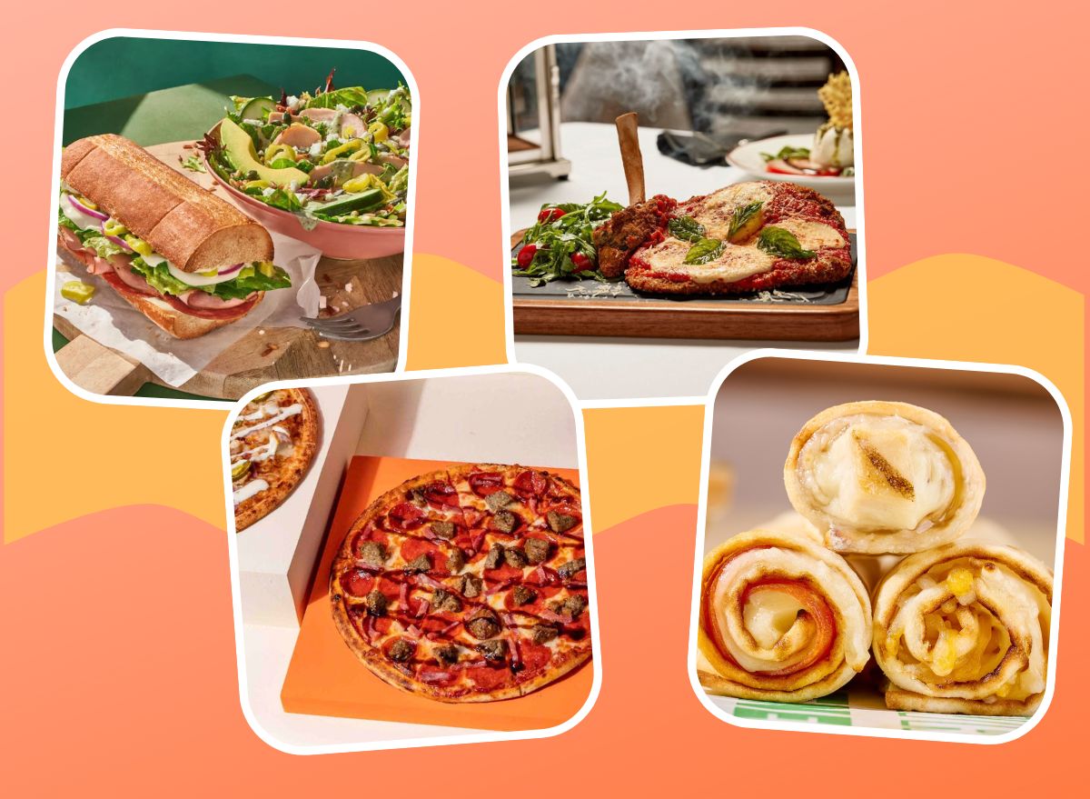 Photos of Panera Bread sandwich and salad; Maggiano's veal parmesan; Blaze Pizza pies; and Subway Footlong Dippers on colorful red and yellow background.