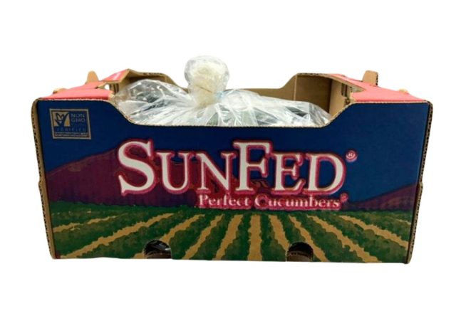 box of SunFed cucumbers on white background