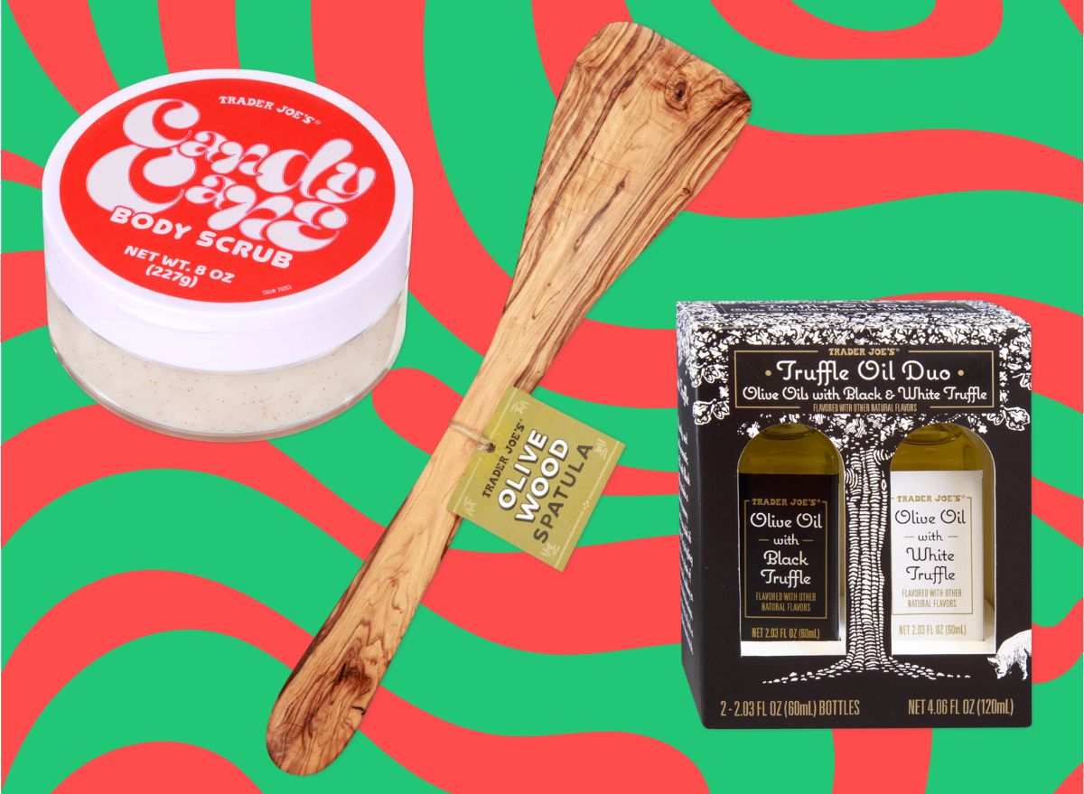 A trio of gift items from Trader Joe's set against a festive holiday background.