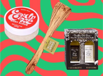 A trio of gift items from Trader Joe's set against a festive holiday background.