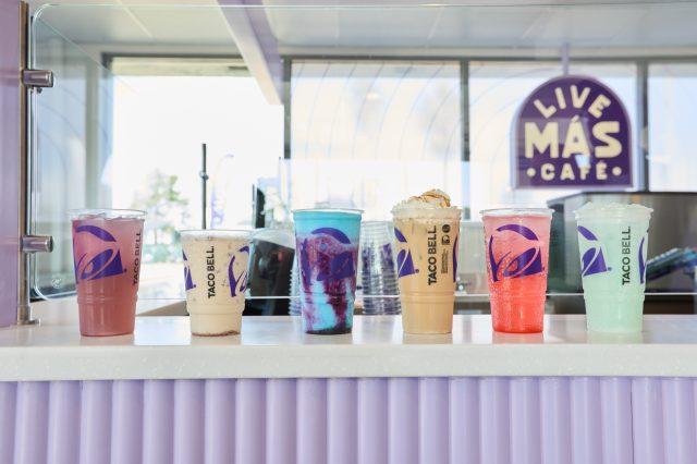 Taco Bell Live Más Café beverages lined up on counter