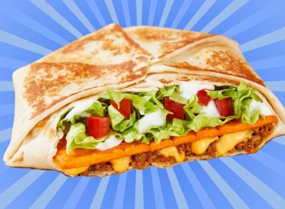 Taco Bell's Cheez-It Crunchwrap set against a vibrant background.