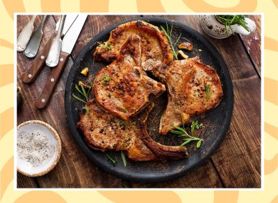 a photo of air fryer pork chops arranged on a plate