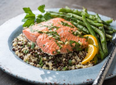 Wild caught fresh salmon with green beans over rice and lentils