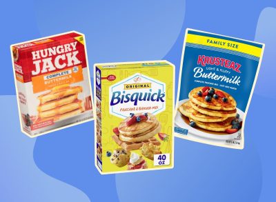 a collage of popular boxed pancake mixes on a designed background