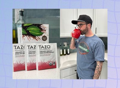 split image of Tazo black tea bags on counter and man drinking mug of tea in kitchen