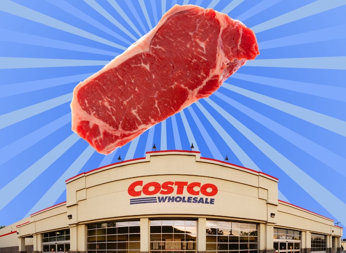 A cut of New York strip steak floating above a Costco warehouse on a vibrant background