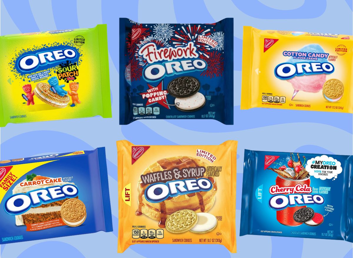 different oreo flavors set against a blue background