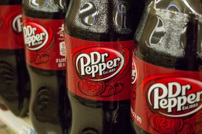 Los Angeles, California, United States - 04-05-2019: A view of several bottles of Dr. Pepper soda at the grocery store.