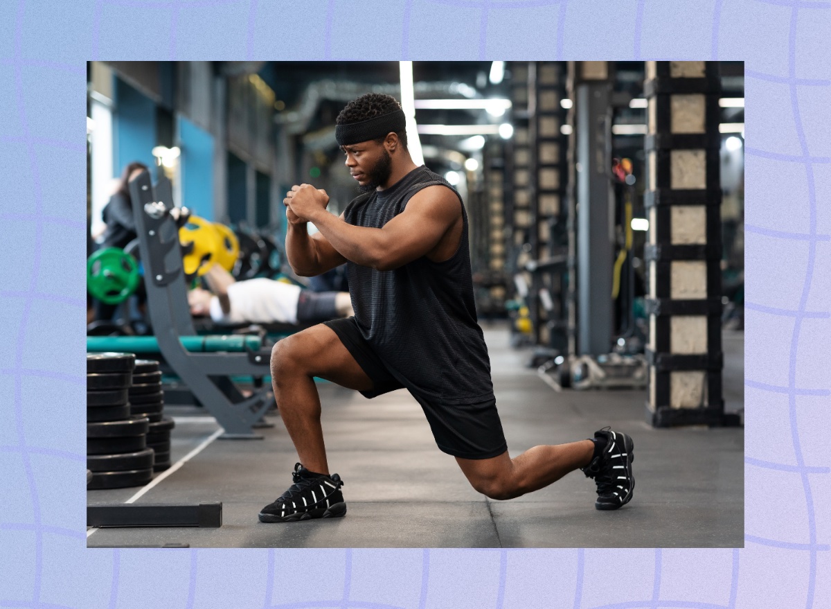 fit, muscular man doing lunges at the gym