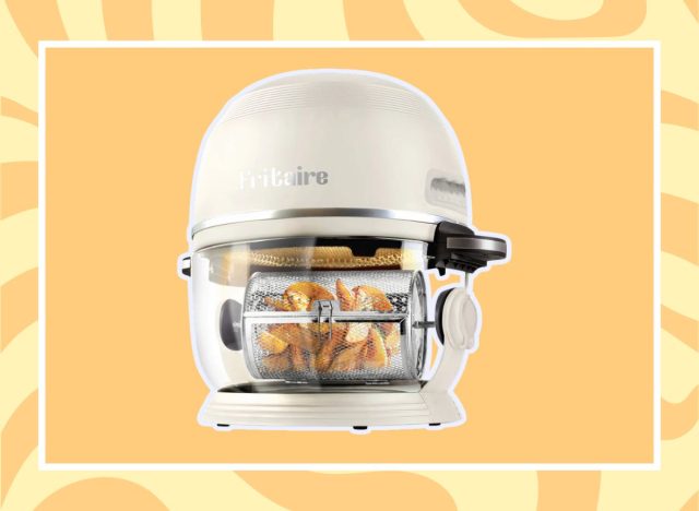 a white Fritaire air fryer on a designed background