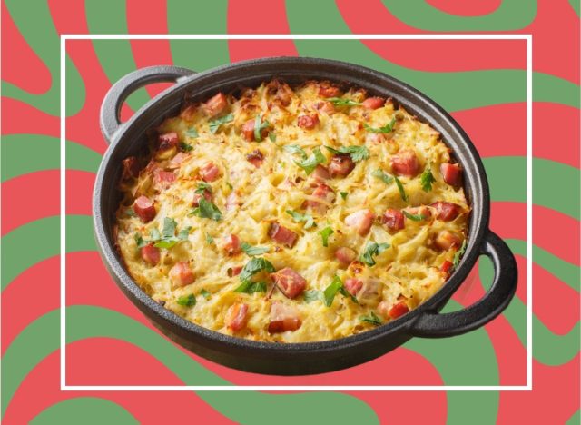 a photo of a christmas egg casserole on a designed background