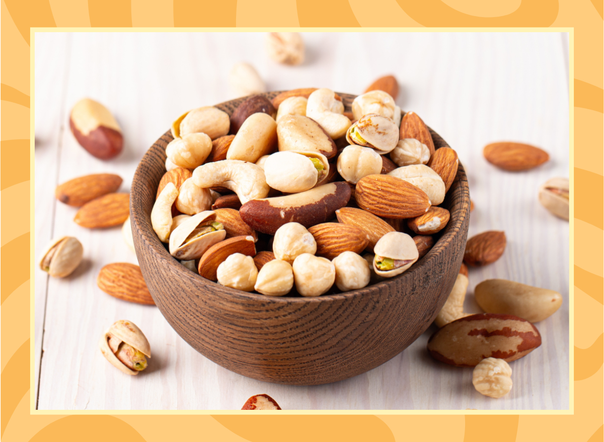 high protein mixed nuts surrounded by a yellow border