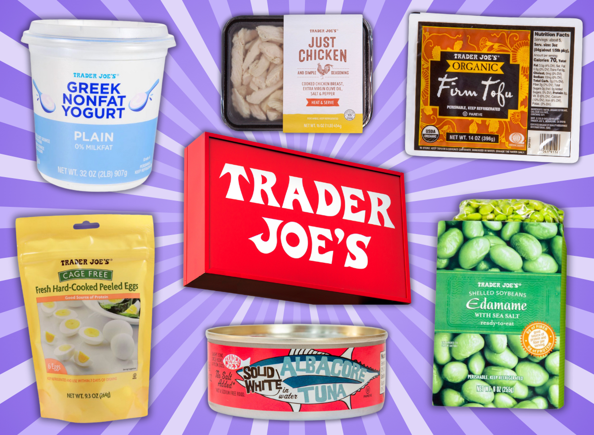 high protein foods at trader joe's collage on a purple background