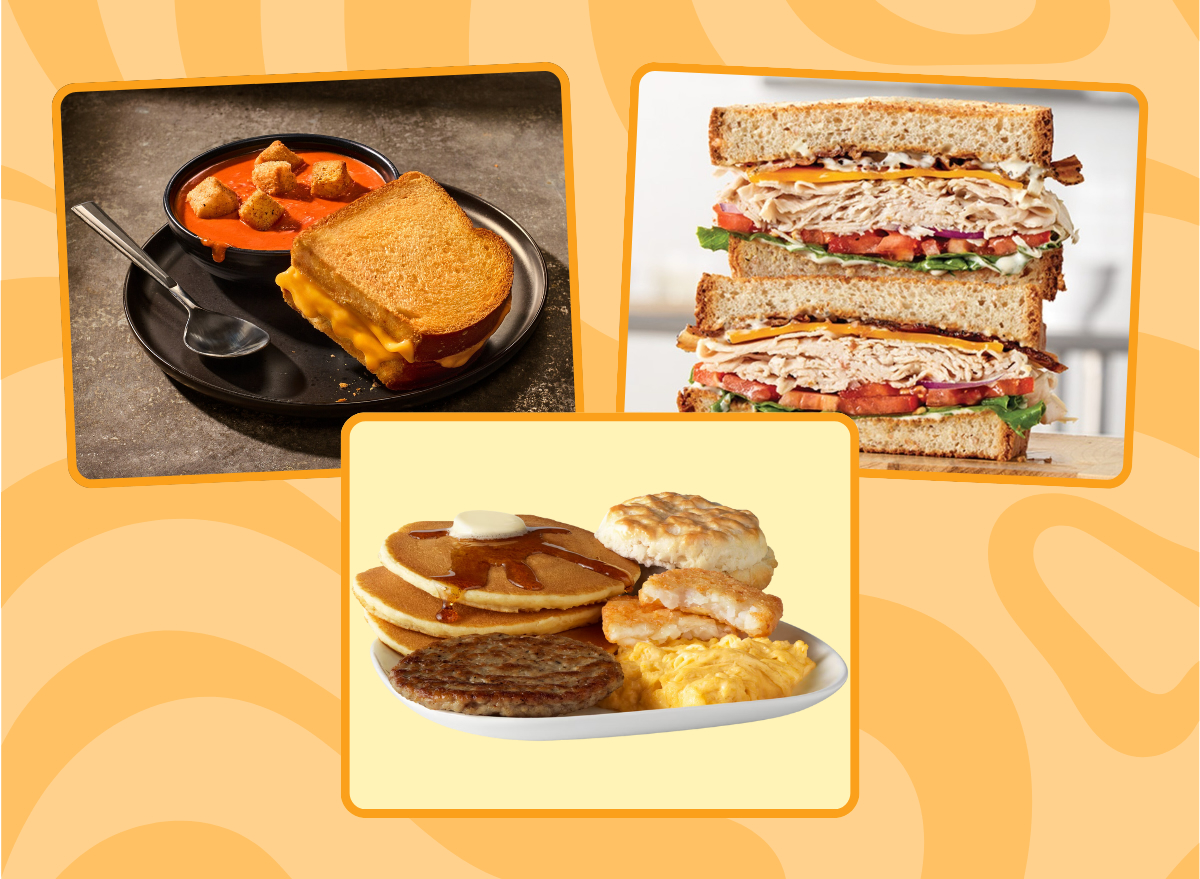 highest sugar fast food meals in america collage of three meals on orange background