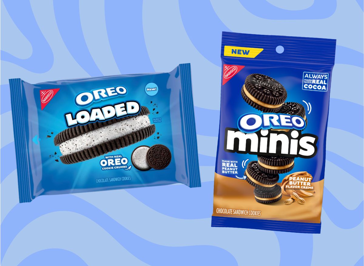 Loaded Oreos and Peanut Butter Mini Oreos set against a blue background