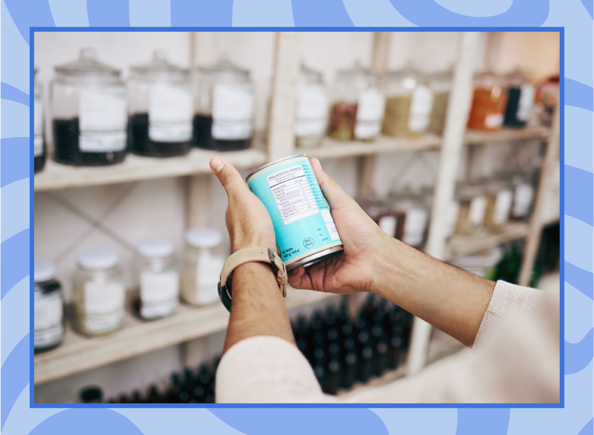 Hands, shopping and reading grocery label in store for healthy food, diet and can tin information. Research, person and nutritionist customer with supermarket choice, decision or product ingredients