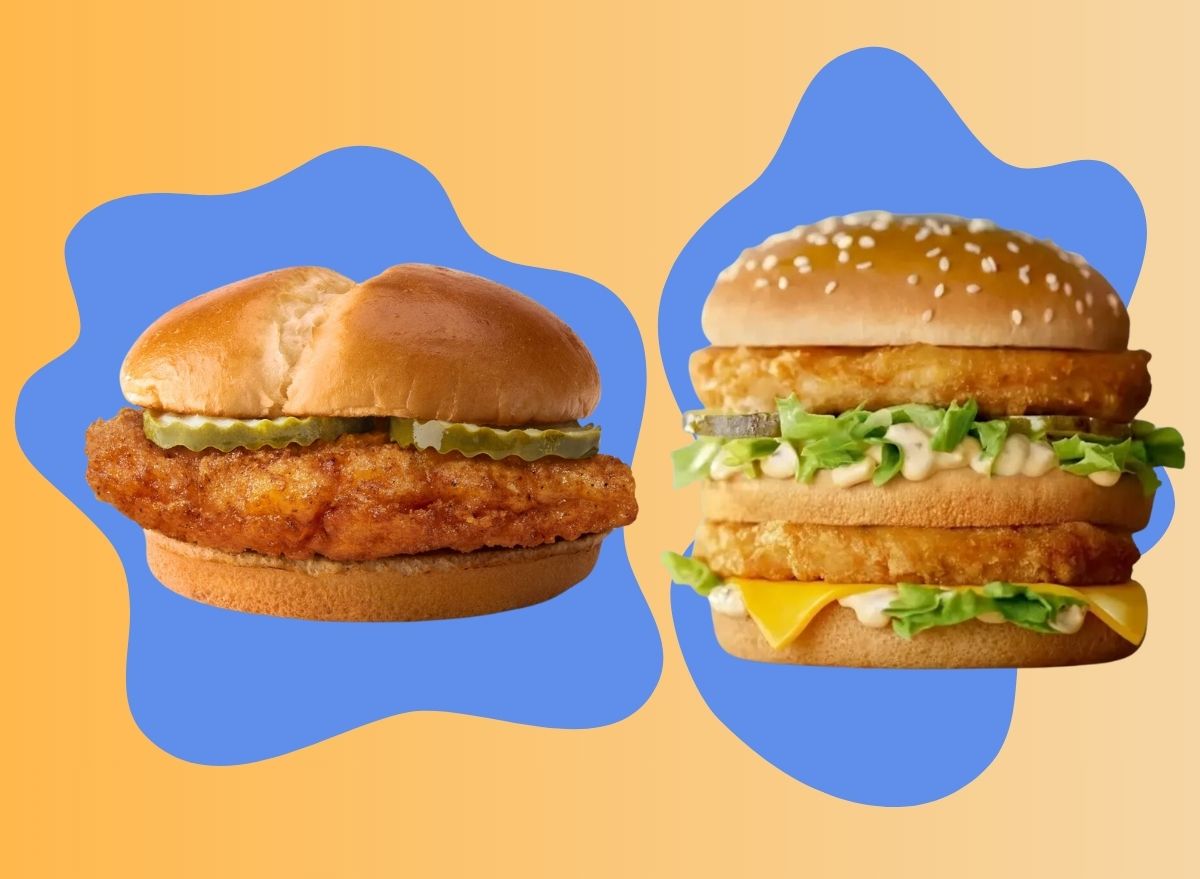 A pair of McDonald's chicken sandwiches set against a colorful background.