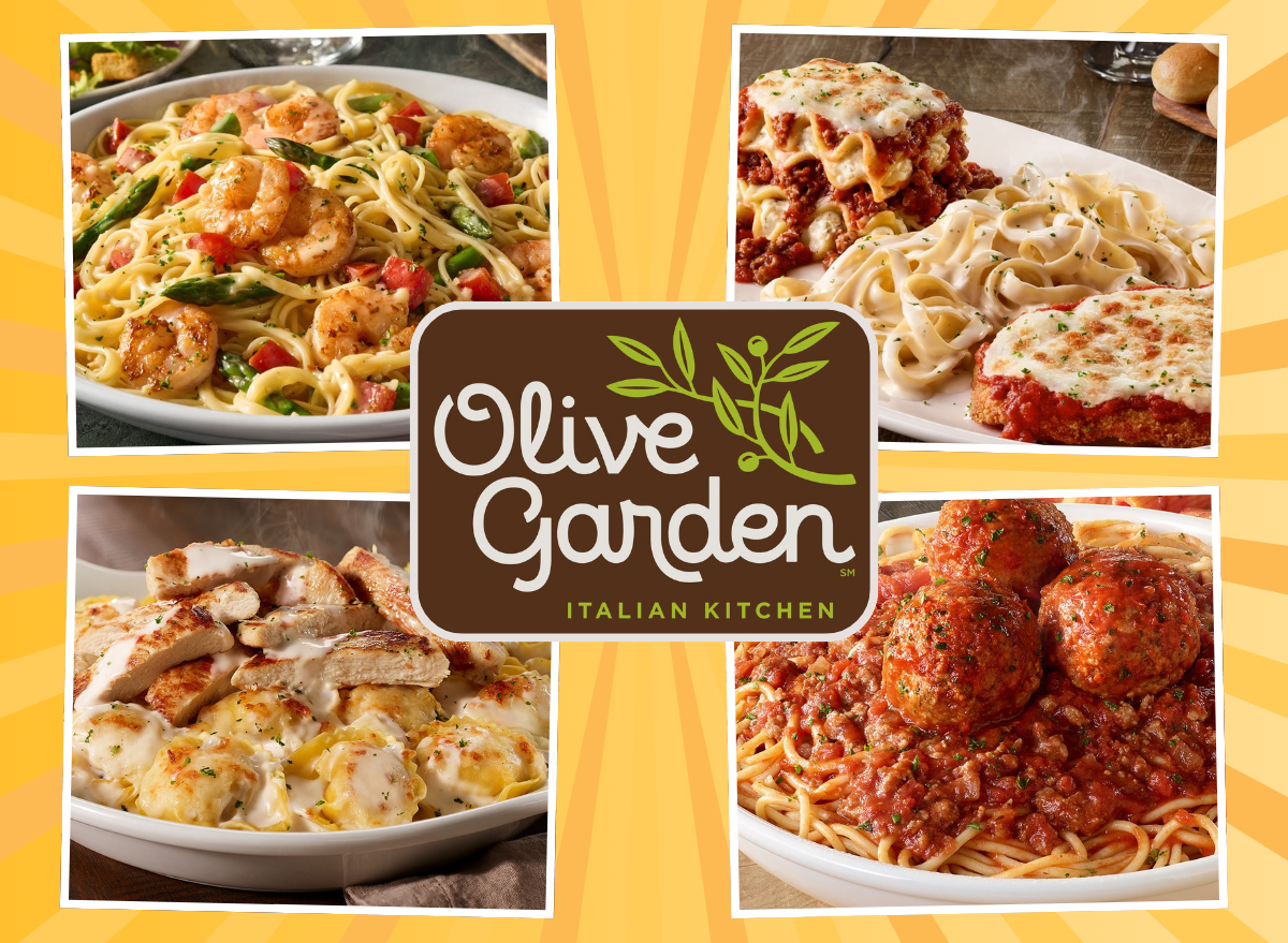 collage of four olive garden pasta dishes around a restaurant logo