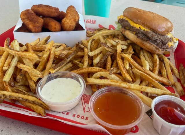 p. terry's burger stand fries, sauces, chicken nuggets, and cheeseburger