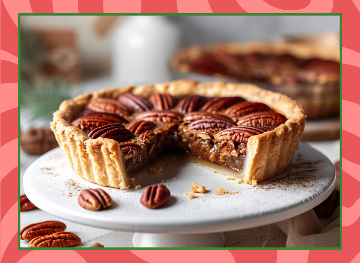 Pecan pie presented on a plate with a side of whipped cream, showcasing intricate details and textures, restaurant quality food photography, angled view