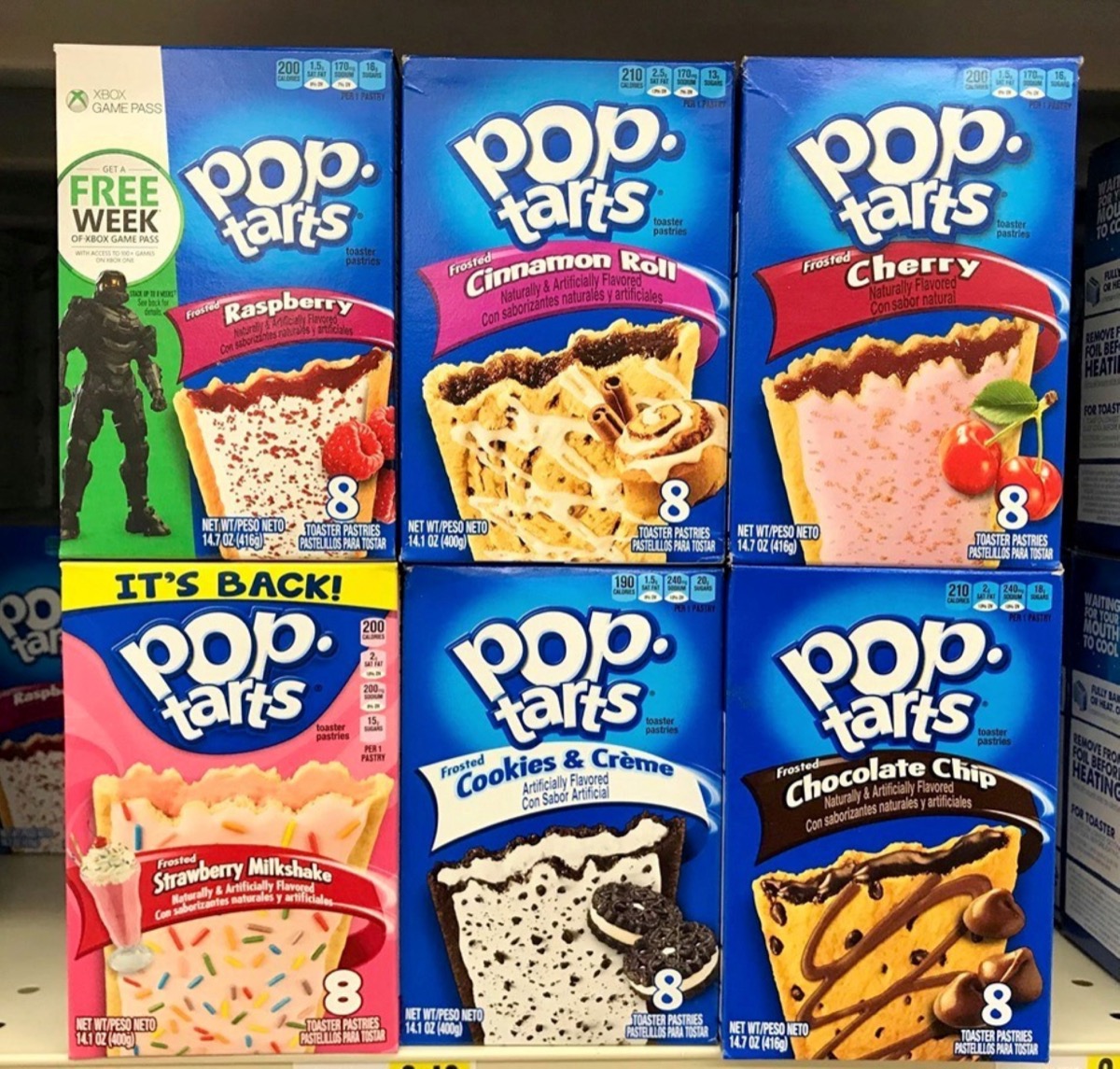 A boxes of Pop-Tarts on shelve at a grocery store, Pop-Tarts is Kellogg Company product.