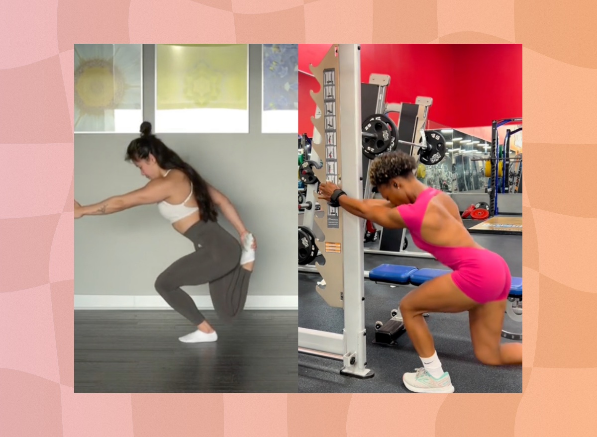 split image of two people doing shrimp squats