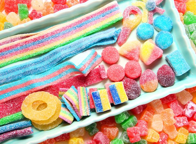 The Sour Candy Assortment includes extremely sour fruit chews, keys, sour candy belts and straws. 