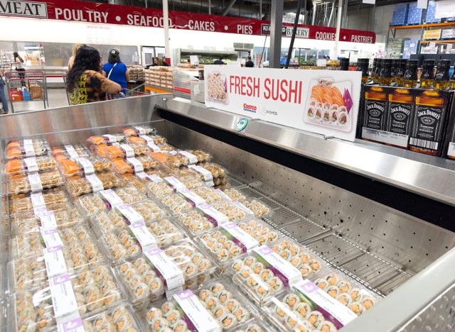 A view of several packages of Kirkland Signature sushi rolls, on display at a local Costco.