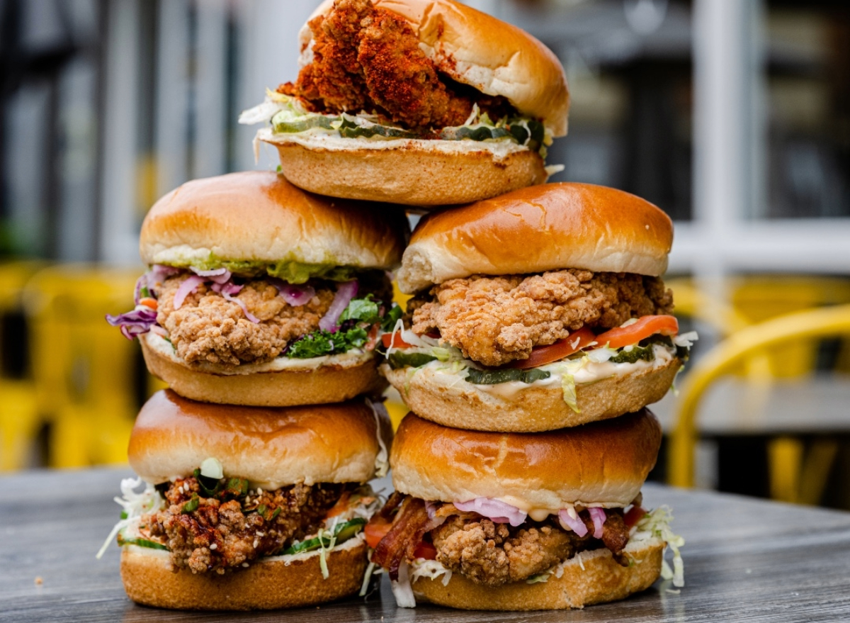 Starbird chicken sandwiches stacked on top of each other