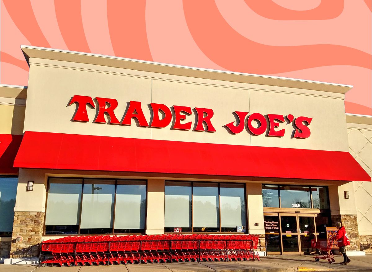 trader joe's storefront set against a designed red background