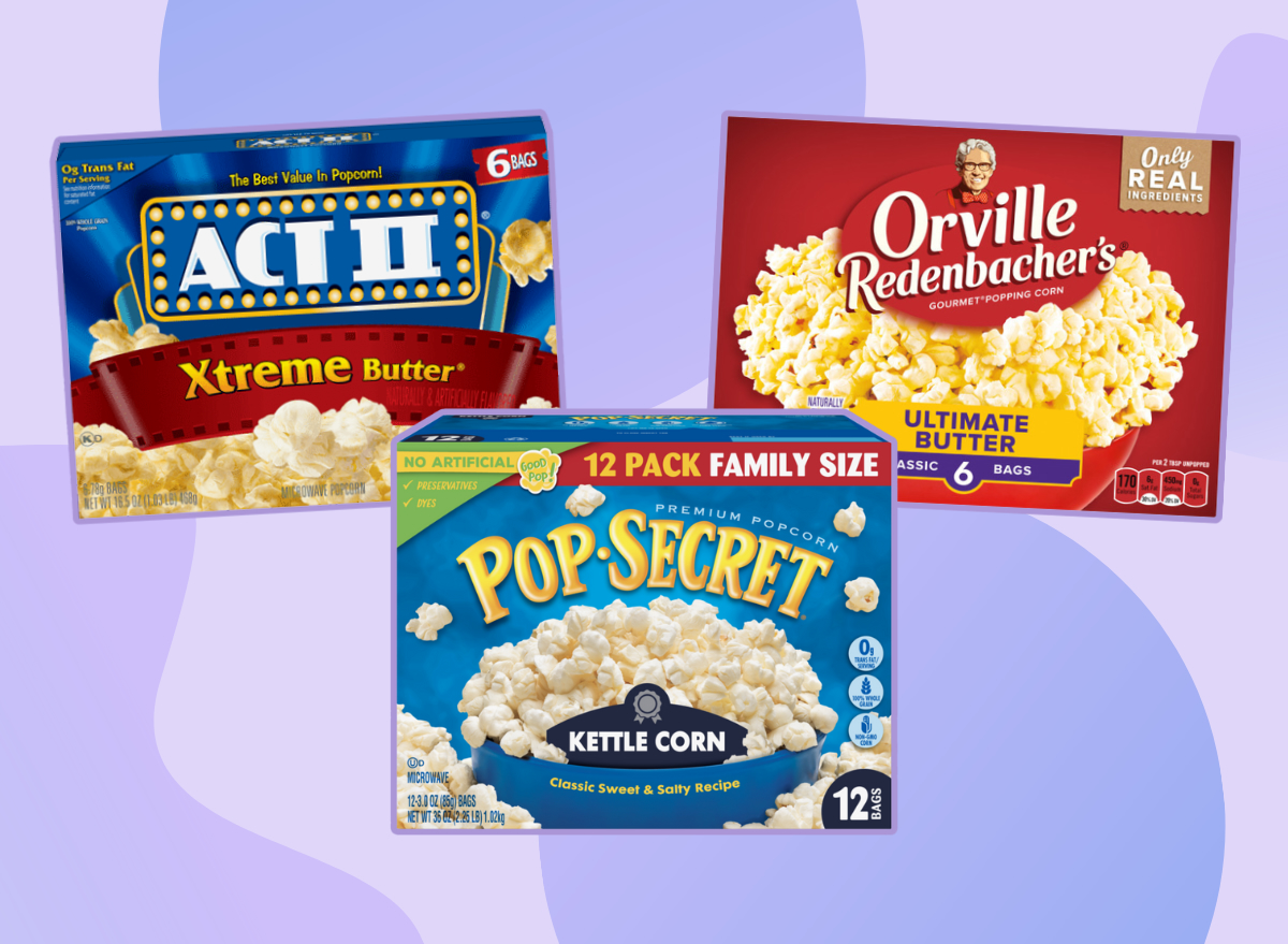 unhealthy microwave popcorn collage of three brands on a purple background