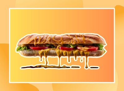 an unhealthy fast-food sandwich on a designed background