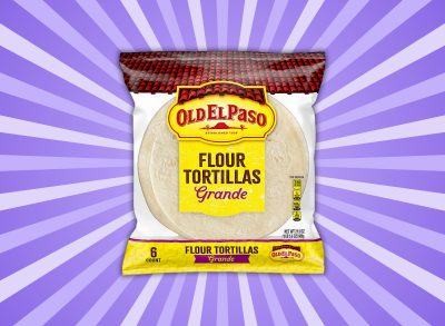 old el paso flour tortilla package on a purple sunburst designed background