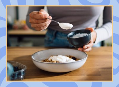 woman spooning yogurt into a bowl surrounded by a blue border