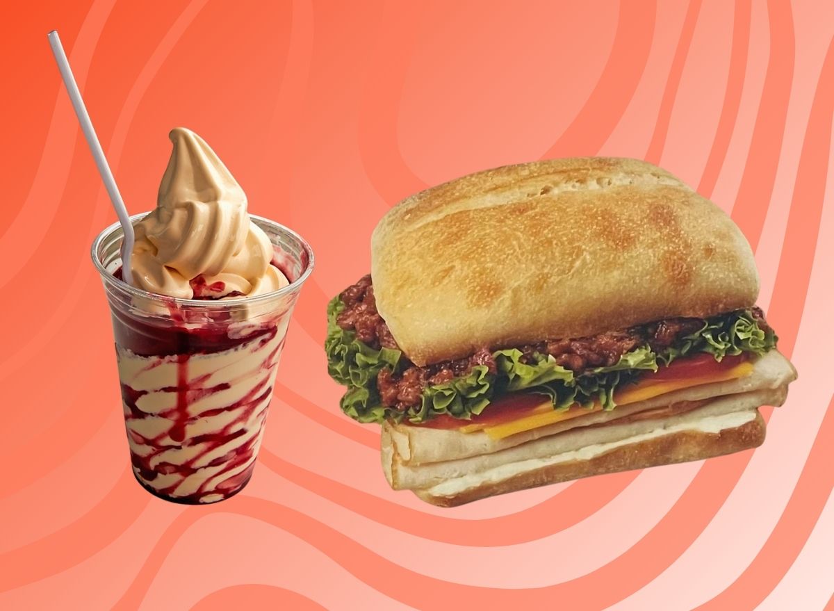 Costco's Berry Sundae and Chicken & Bacon Sandwich, set against a swirly reddish background