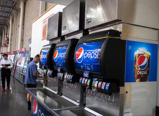 A view of several Pepsi soda fountains in the food court at Costco.