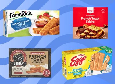 An array of frozen French toast brands set against a vibrant background.