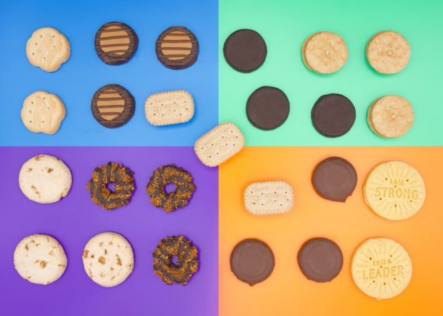 Top view of Little Brownie Baker brand Girl Scout Cookies on bright colorful backgrounds of Blue, Green, Purple and Orange.