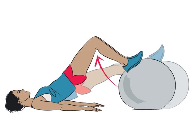 young woman doing exercise - swiss exercise ball hamstring curl - colour vector series