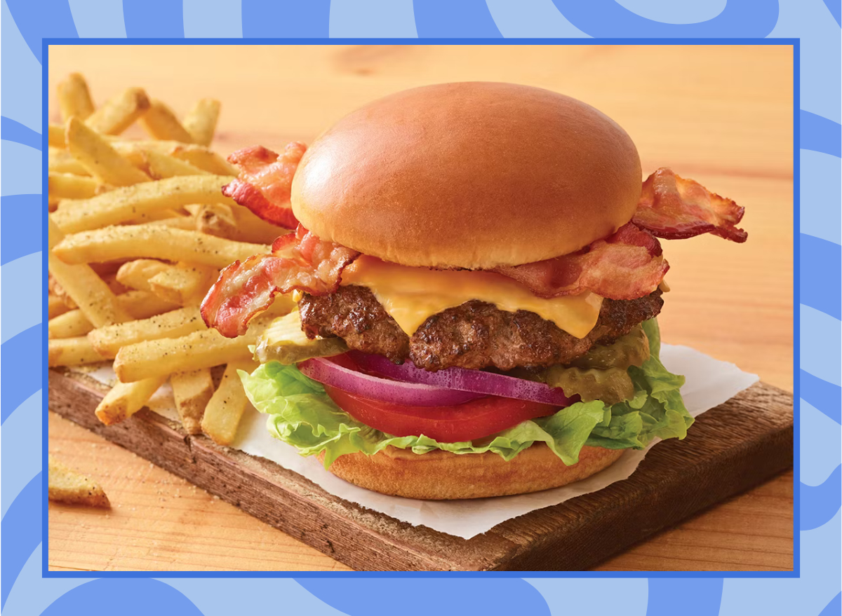 applebees classic bacon cheeseburger on a blue frame background