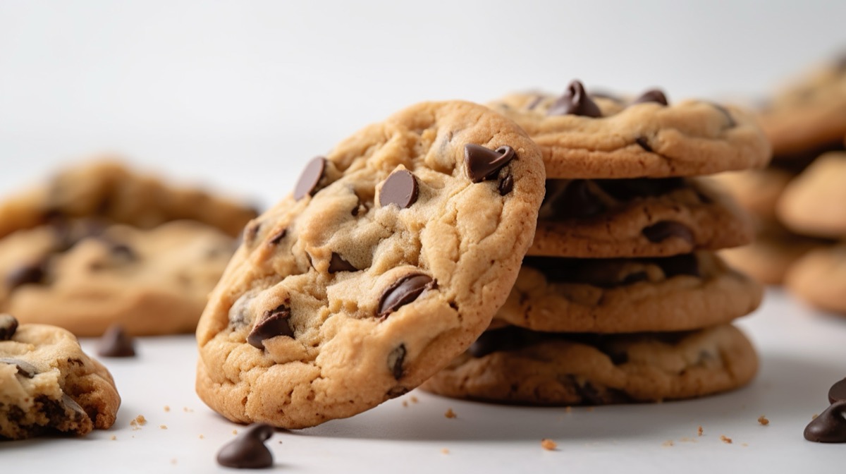 Close up shot of chocolate chip cookies stacked up on top of each other against a white background