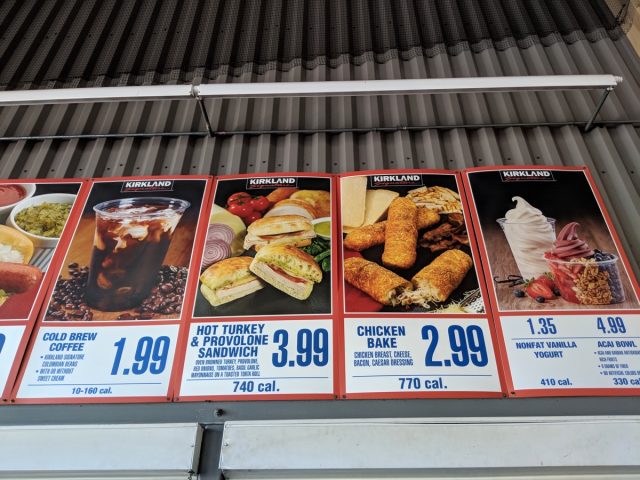 Honolulu - July 3, 2018: Costco Food Court Menu featuring Cold Brew Coffee, Hot Turkey and Provolone Sandwich, Chicken Bake, Yogart, and Acai Bowl.