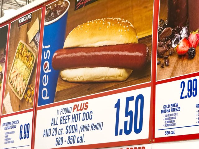 Los Angeles, CA - Nov 30, 2023: Closeup of famous All Beef Hot Dog and fountain drink offering inside Costco Warehouse Food Court.